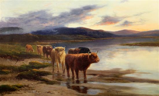 Douglas Cameron (fl.1880-1910) Highland cattle beside a loch 24 x 40in., unframed
